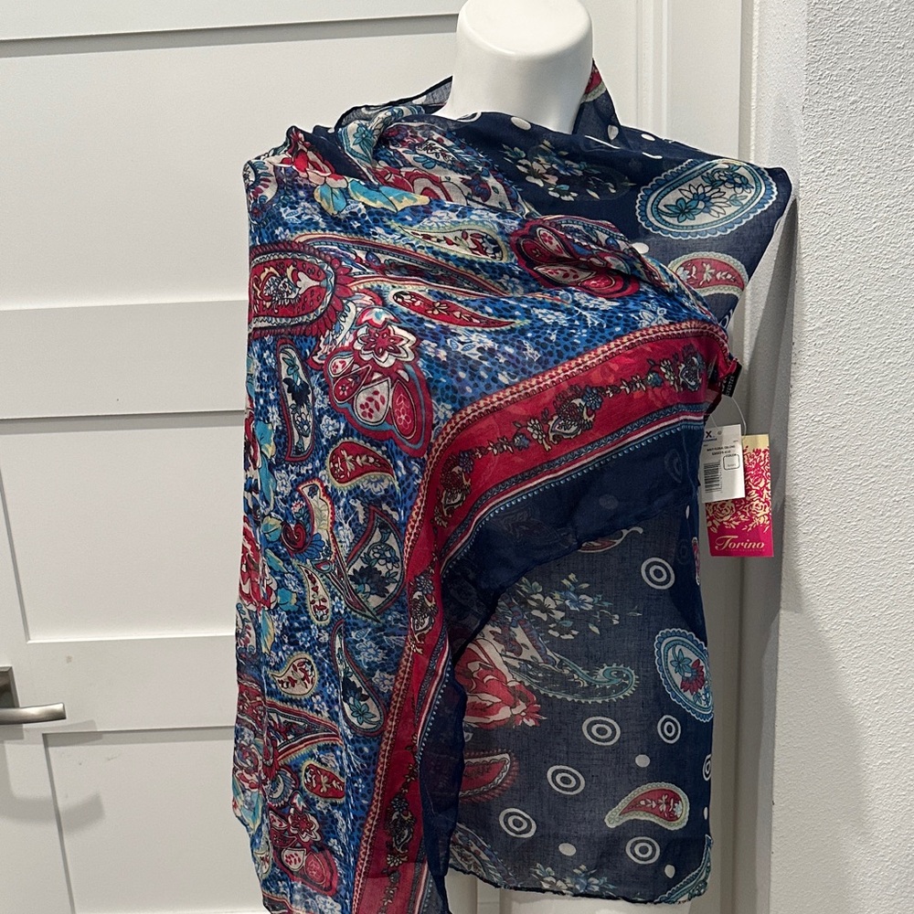 NWT Torino Vibrant Paisley Scarf in Navy, Red, Blue Hues
